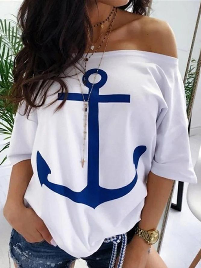 Off Shoulder Printed Casual T-Shirts