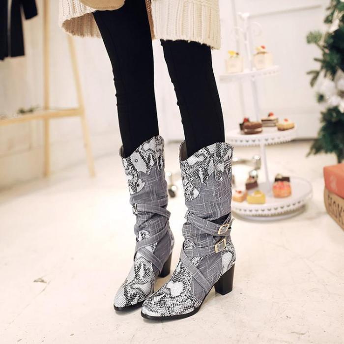 Women Snakeskin Pattern PU Chunky Heel Mid Calf Boots Artificial Leather Booties
