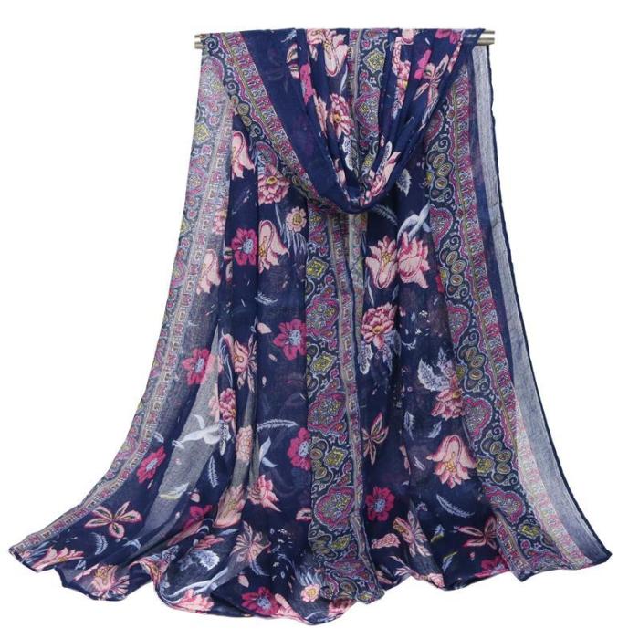 Voile With Floral Printing Blue and White Porcelain Large  Long Scarf Scarves Beach Towel