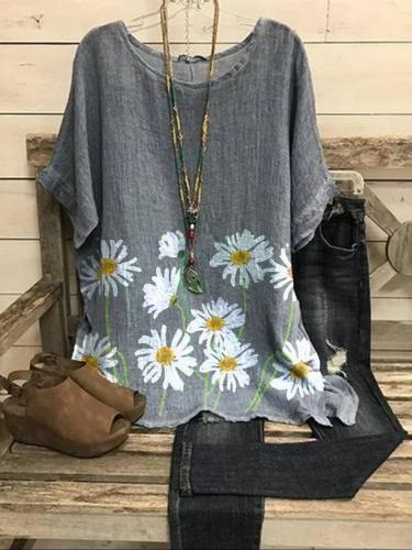 Gray Linen Short Sleeve Floral-Print Shift Shirts & Tops