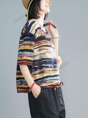 Women Summer New Casual Loose Striped Plus Size T Shirt Cotton Linen Tee Shirt