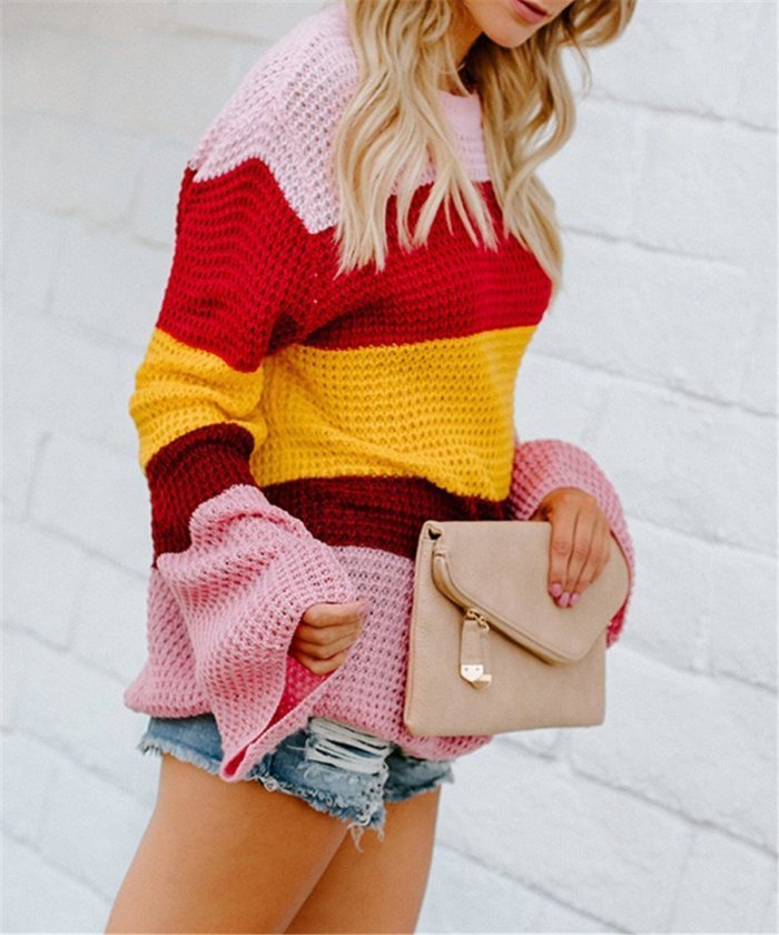Fashion Rainbow Stitching Knit Circular Neck Sweater