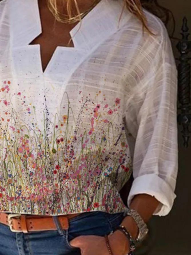 Long Sleeve Floral-Print V Neck Casual Shirts & Tops