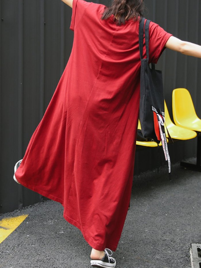 Plus Size Crew Neck Women Red Dress Shift Daytime Pockets Casual Maxi Dress