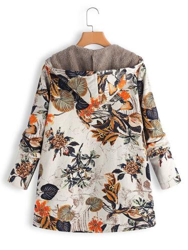 Vintage Leaves Floral Print Hooded Long Sleeve Coats