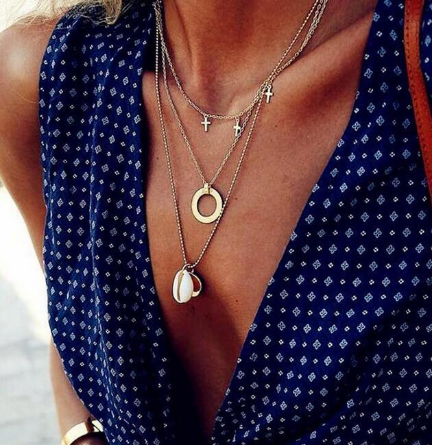 Trendy Women Crystal Pendant Zircon Necklace Round Bead Chain Bohemian Beach Necklace