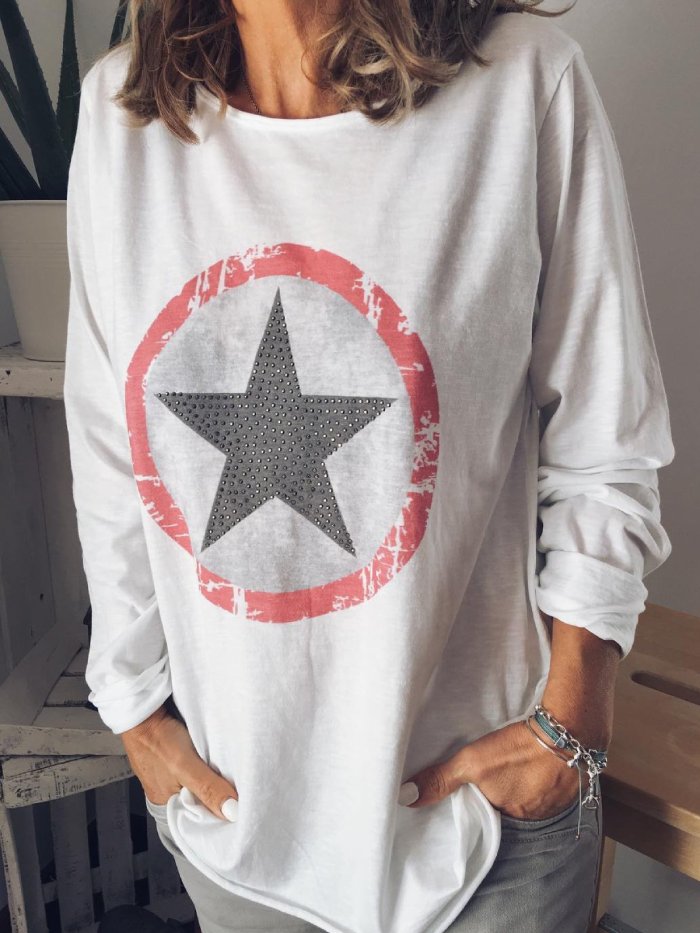 White Cotton-Blend Long Sleeve Holiday Round Neck Shirts & Tops