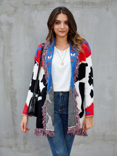 Red Shawl Collar Fringed Embroidered Cardigan