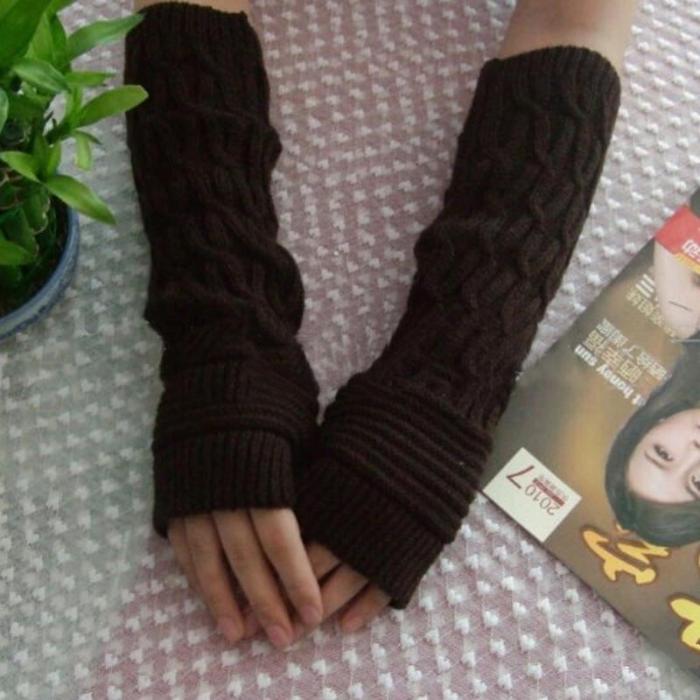 Black Coffee Gray Solid color Lace Mittens Women Winter Wrist Arm Hand Warmer Knitted Long Fingerless Gloves