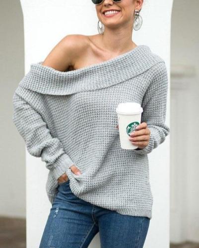 2020 Autumn and Winter Solid Color Ladies' Sweater Horizontal Neck Loose Sweater cute sweater  off shoulder sweater  pullover