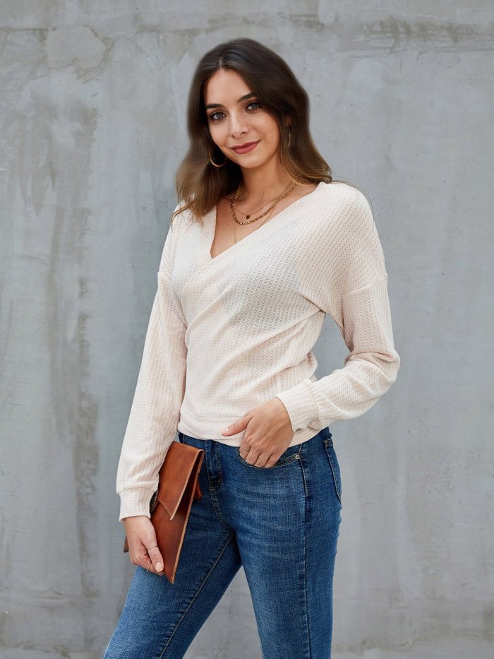 Apricot Casual Surplice Neck Knot Front Sweaters