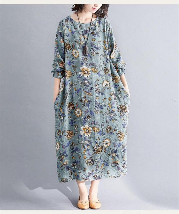 Autumn cotton linen vintage floral long sleeve women loose dress