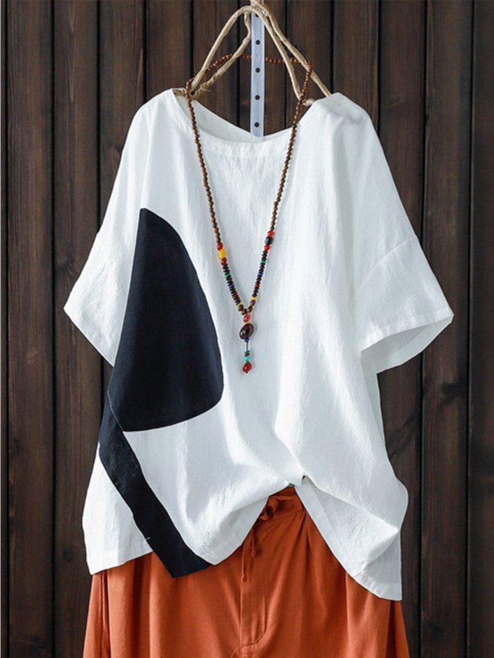 Cotton-Blend Round Neck Short Sleeve Shirts & Tops