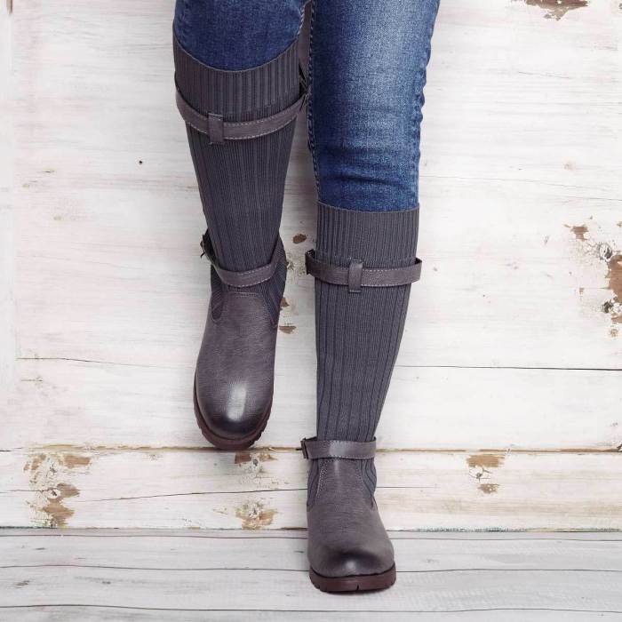 Comfy Cabin Sweater Boots Vintage PU Paneled Adjustable Buckle Casual Boots