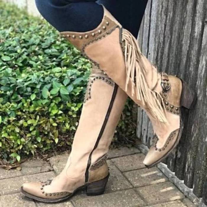 Women Vintage Tassel Western Boots with Zipper