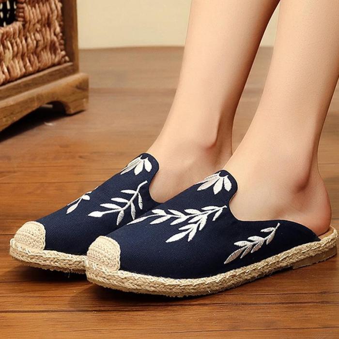 Women Shallow Mouth Flats Embroidered Leaves Comfortable Loafers Shoes