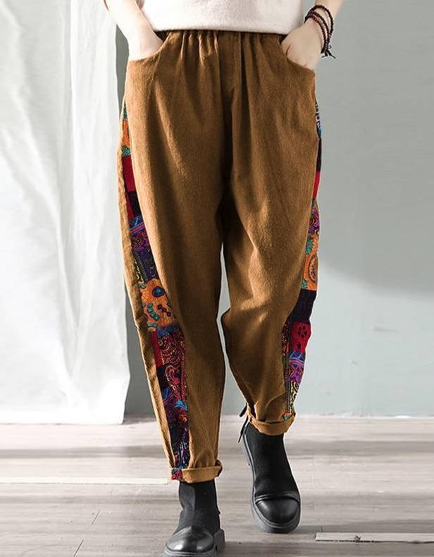 2020  Vintage Pockets Long Trousers Corduroy Print Patchwork Pants