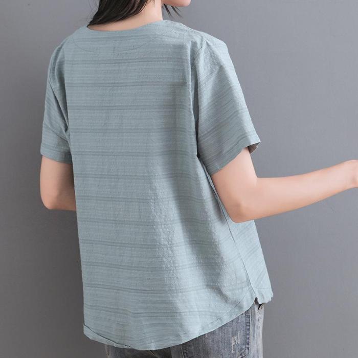 Cotton Linen Flower Embroidery Short-sleeved Round Neck Retro Loose Summer Regular Top