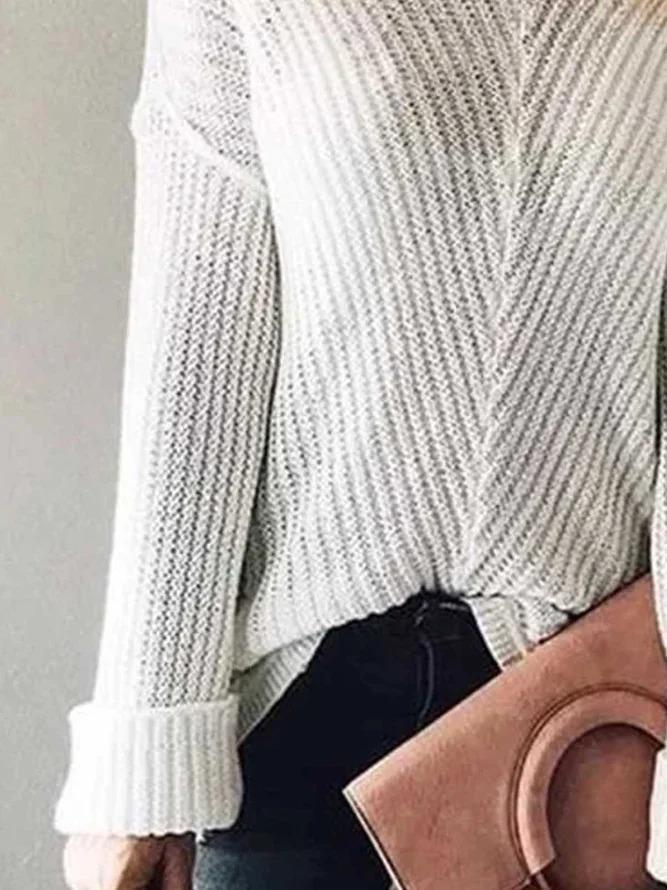 White V Neck Patchwork Casual Sweater
