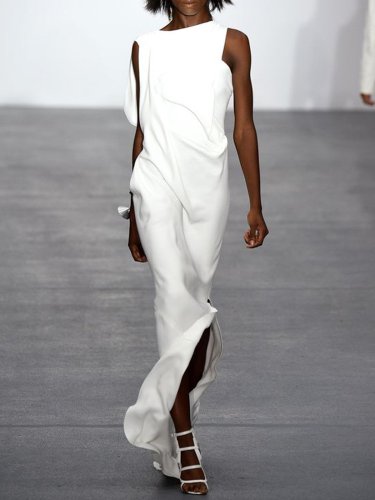 White Cotton-Blend Sleeveless Dresses