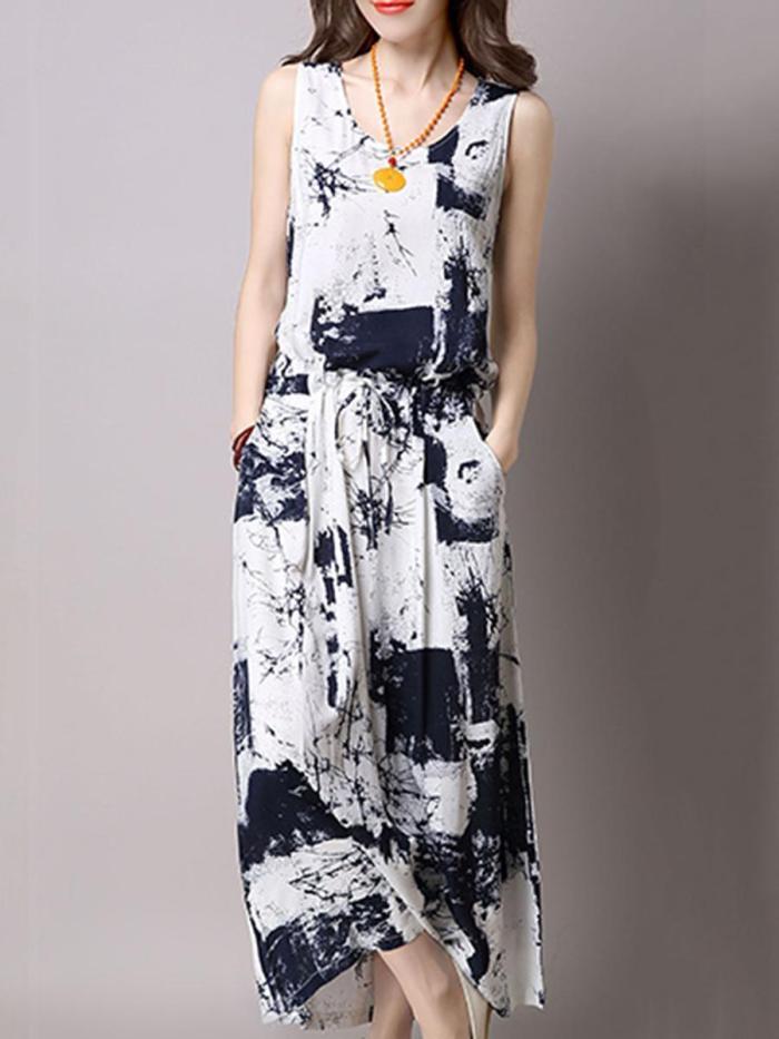 Casual Drawstring Printed Two-Piece Maxi Plus Size Dress