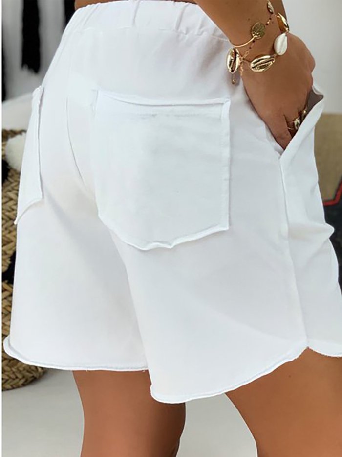 Casual Rose Embroidered Lace Up Elastic Waistband Pockets Shorts