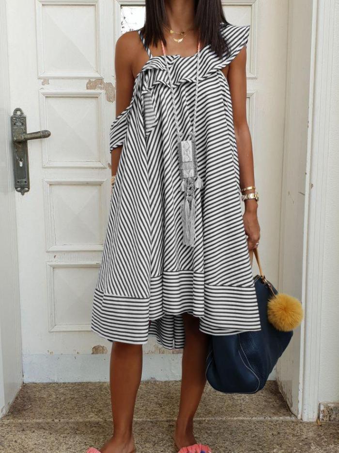 Short Sleeve Cotton-Blend Striped Dresses
