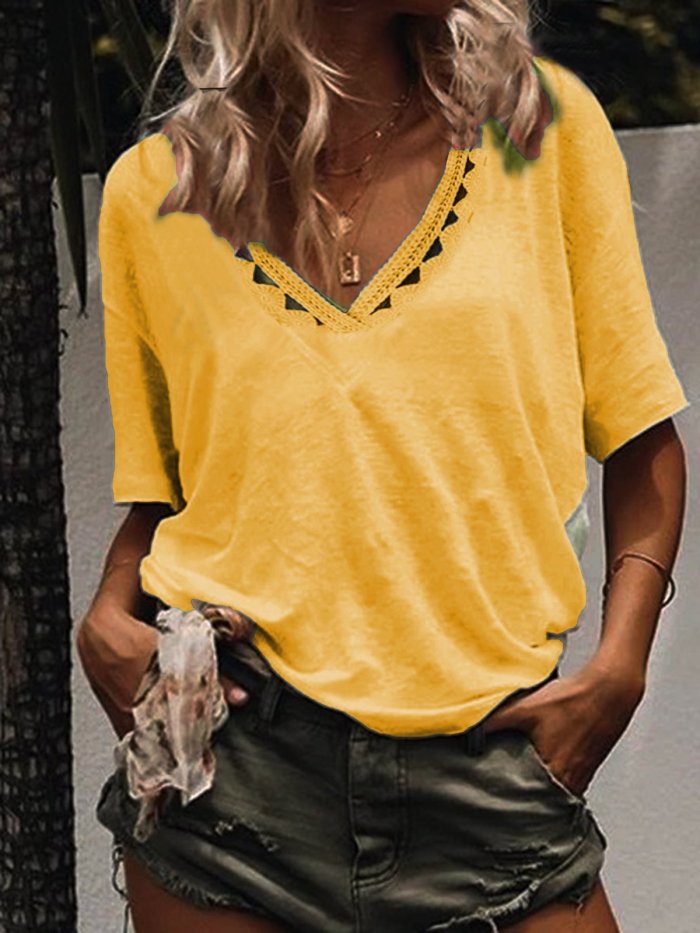 Short Sleeve Cotton-Blend V Neck Shirts & Tops