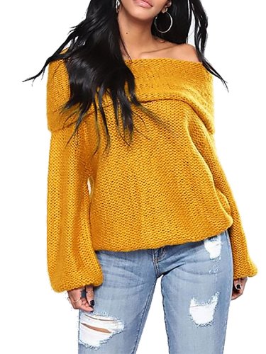 Balloon Sleeve Cold Shoulder Casual Knitted Sweater