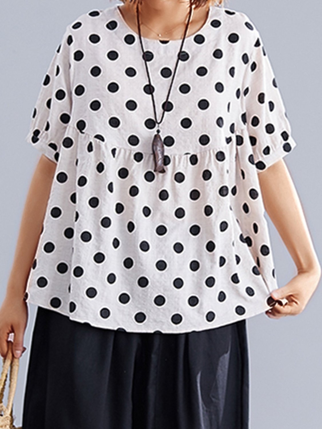 US$ 32.14 - Plus Size Women Short Sleeve Round Neck Polka Dots Casual ...