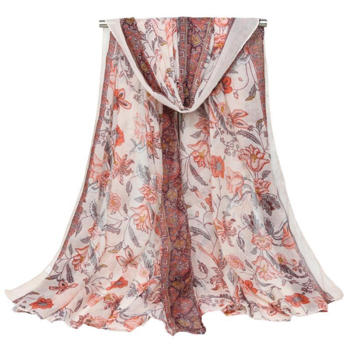 Voile With Floral Printing Blue and White Porcelain Large  Long Scarf Scarves Beach Towel