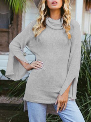 Turtle Neck Long Sleeve Knitted Slit Sweaters