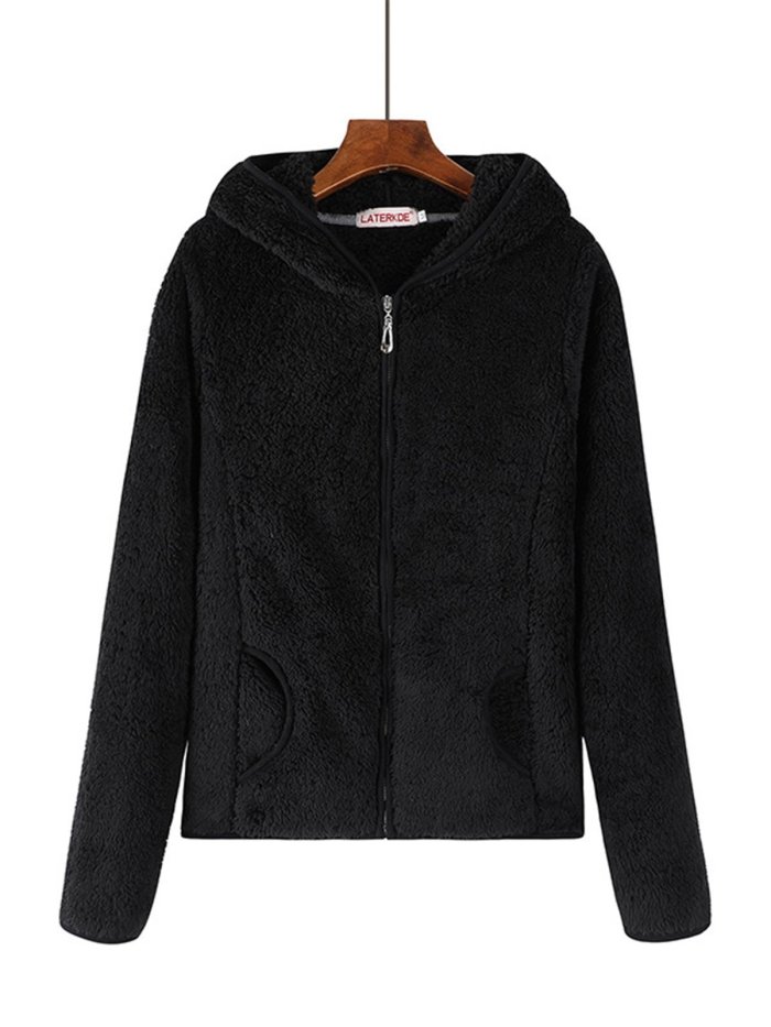 Hoodie Sherpa Coat Solid Zipper Teddy Bear Coats
