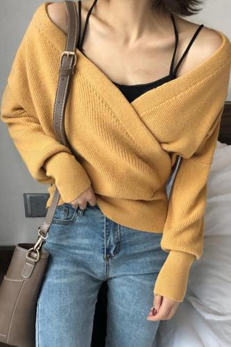 Fashion Sexy V Neck Pure Color Knitted Sweater