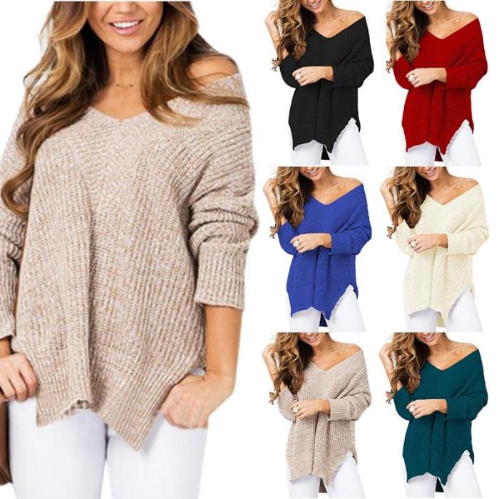 2020 Spring and Autumn New Front Short Long Back Split V-neck Pullover Knitting Shirt Casual Fashion Student Sweater Female