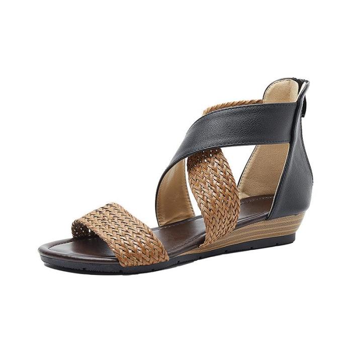 Fashion Straw Summer Vintage Zipper Soft Sole Women Sandals