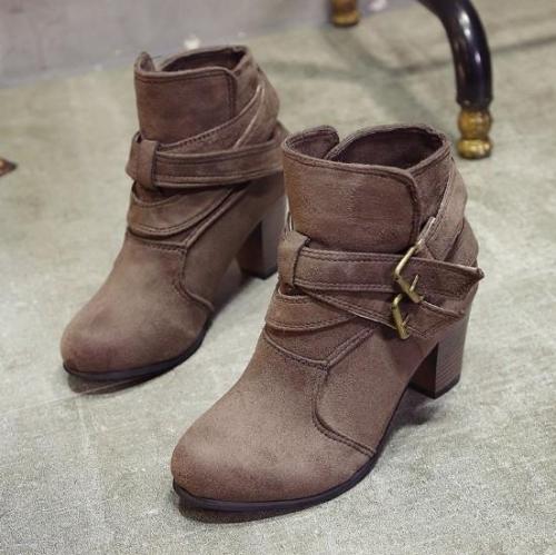 Coffee Plus Size Spring/Fall Adjustable Buckle Suede Chunky Heel Boots