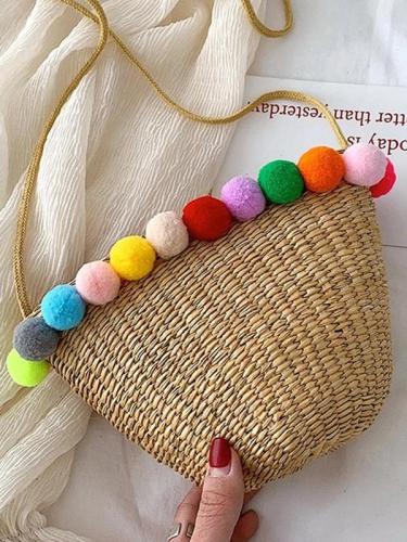 Women's Beach  Color  Zipper Rope Woven Straw Sling Bag Handbag