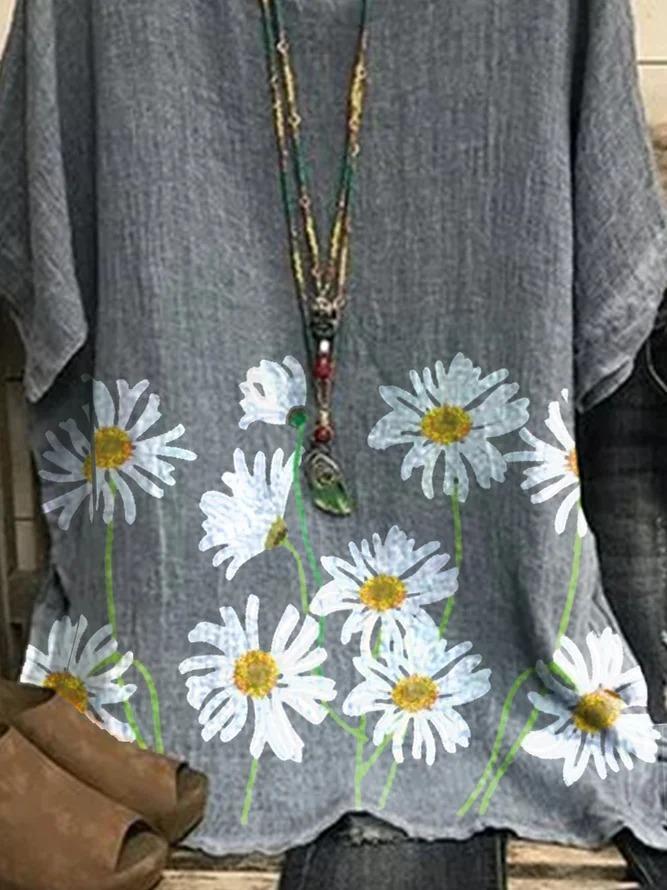 Gray Linen Short Sleeve Floral-Print Shift Shirts & Tops