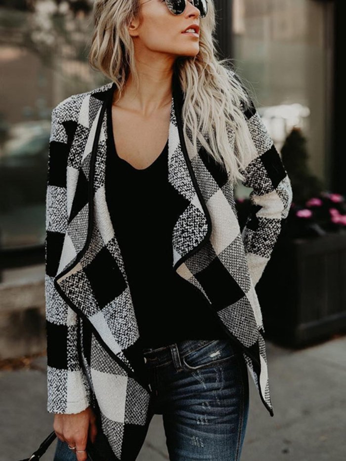 Autumn & Winter New Plaid Loose Turn-down Collar Long Sleeve Woolen Coat Outwear
