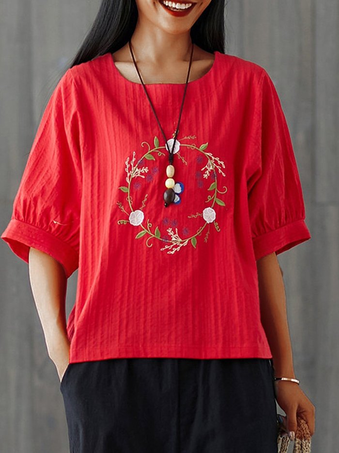 Women Cotton And Linen Embroidered  T-shirts