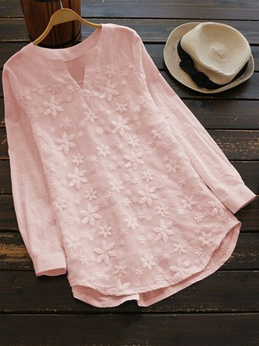 Long Sleeve Casual Embroidered Cotton Casual Tops