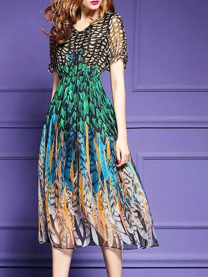 Short Sleeve Beach Chiffon Printed Midi Dress