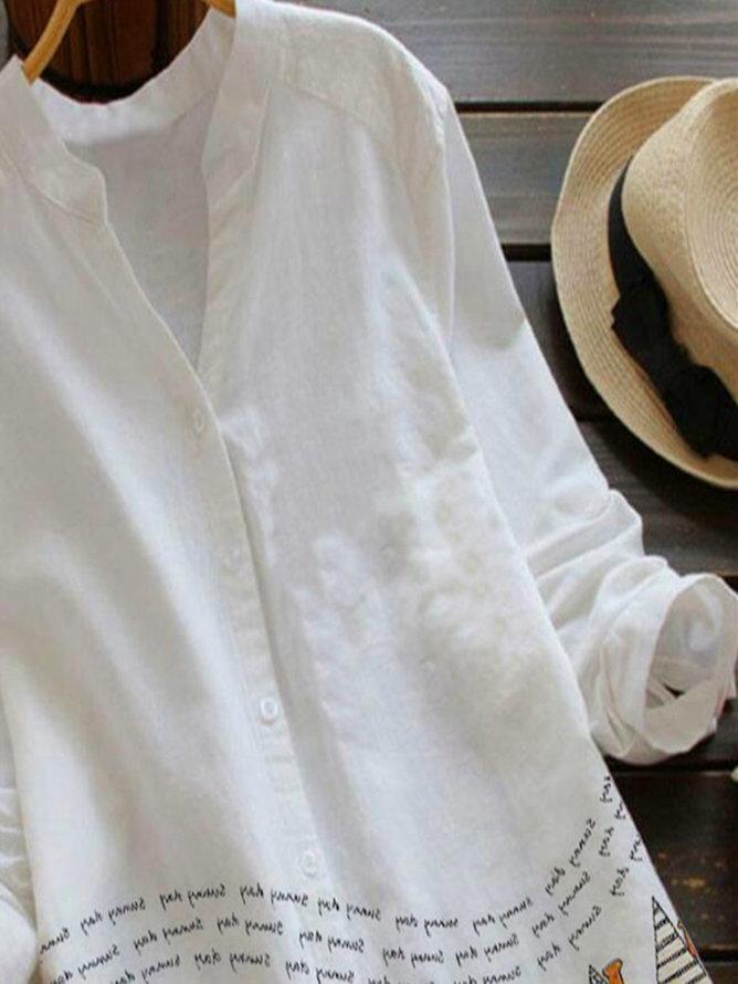 White V Neck Pastoral Cotton-Blend Shirts & Tops