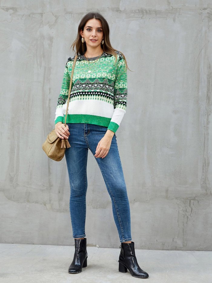Green Knitted Color-Block Tribal Long Sleeve Sweaters