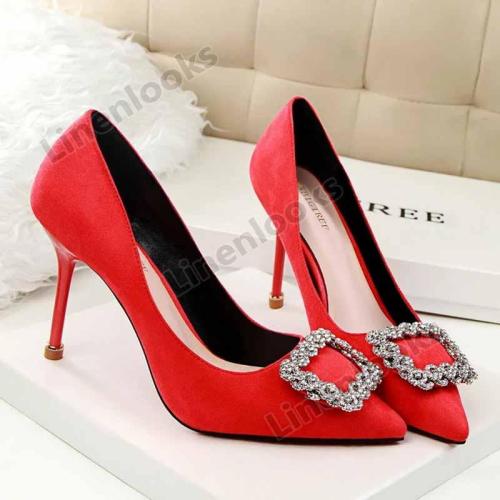 Women's Shoes Summer Heels Elegant High-heeled Suede Thin Soles Crystal Buckle Drill Shoes