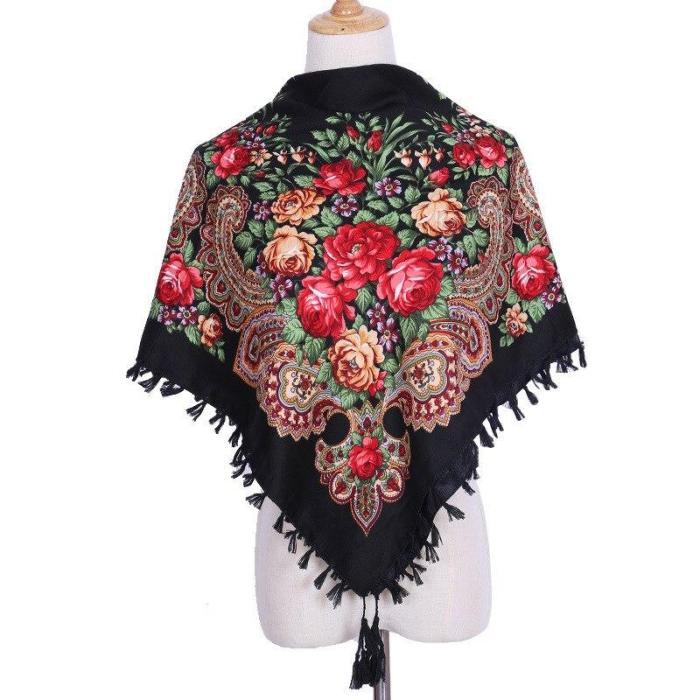 National Style Printed Scarf Women's New Square Multifunctional Fringed Shawl