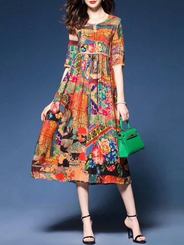 Multicolor Buttoned Abstract Casual Print Dress