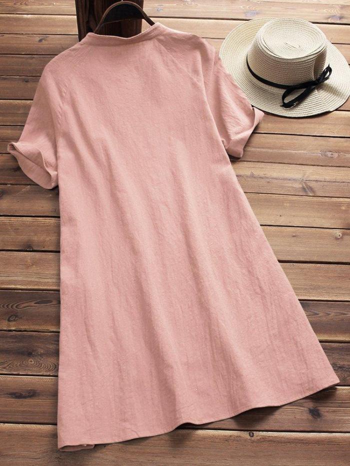 Casual Solid Buttoned Cotton Casual Dress