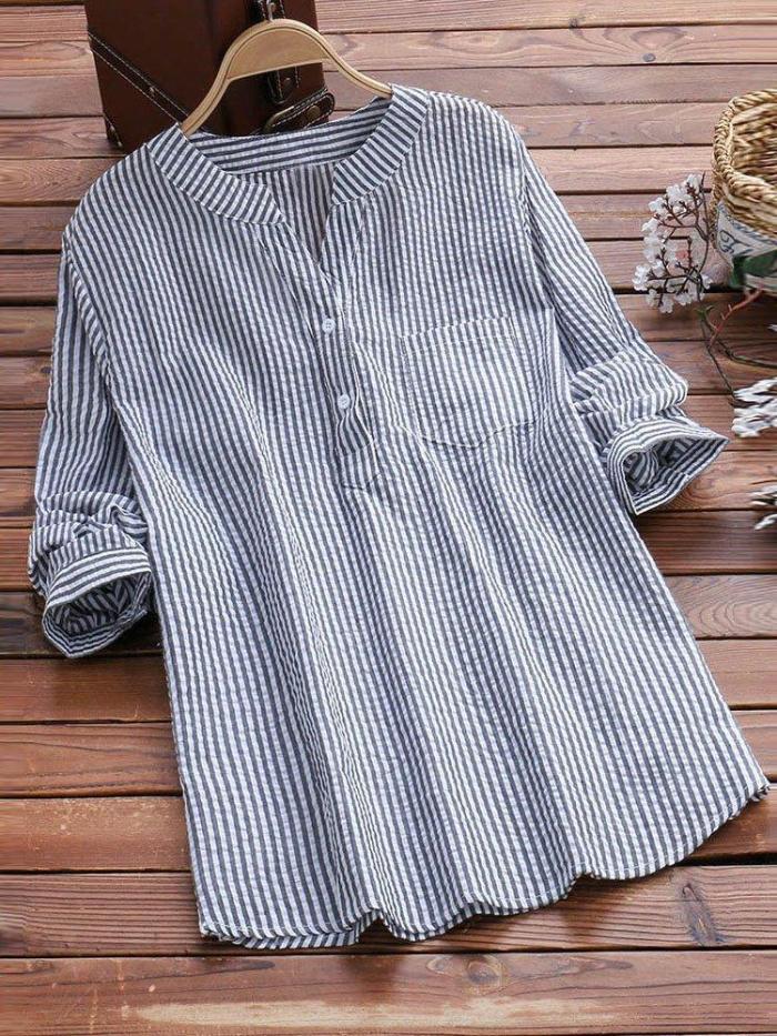 Plus Size Striped Casual Long Sleeve Blouse